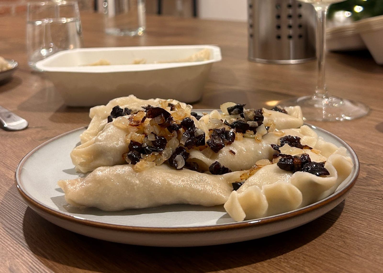Not Only Pierogi Cooking Class: cheese and potato pierogi with bacon as a topping